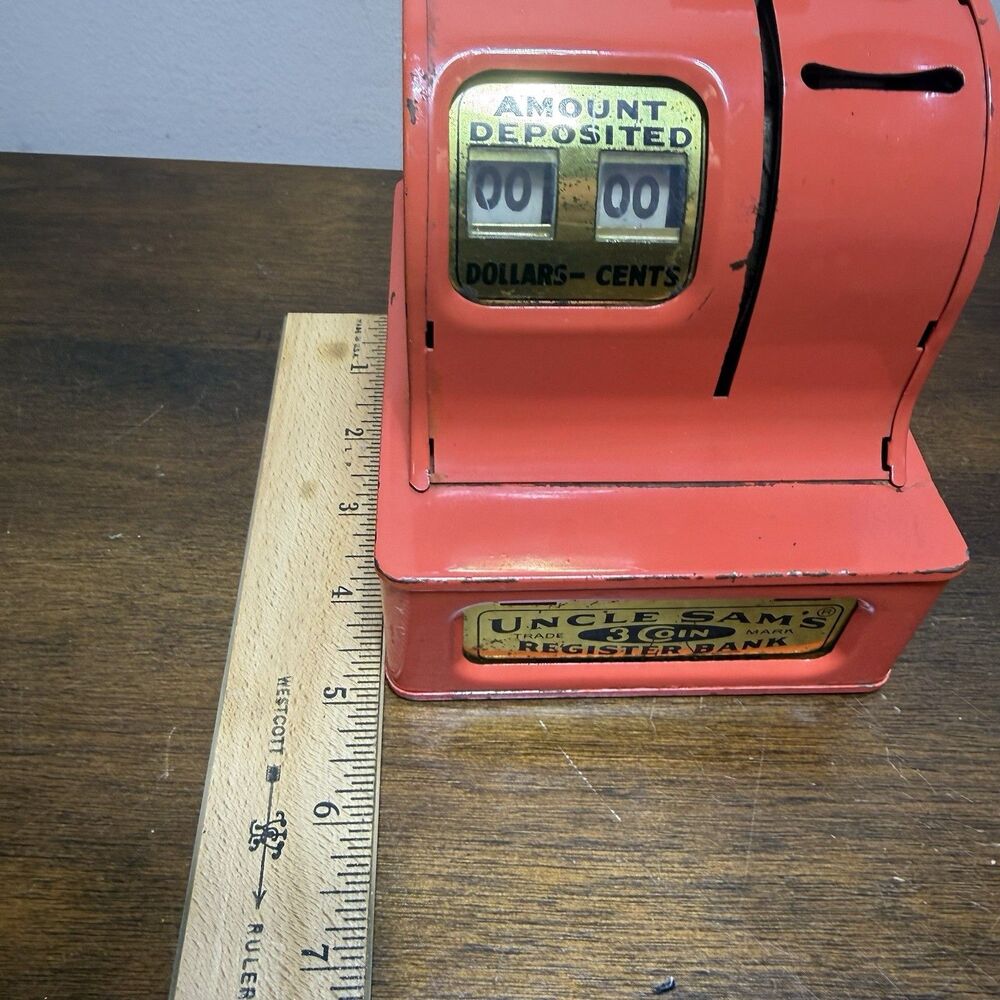 Vintage Uncle Sam’s 3 Coin Red Orange Metal Counting Register Bank - Works ! - Picture 9 of 11